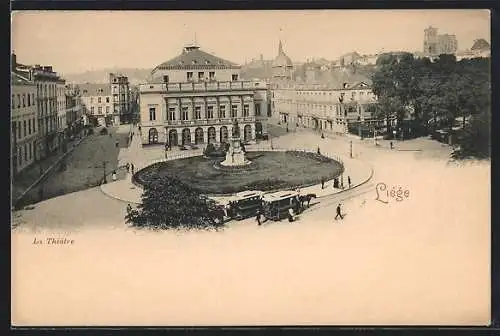 AK Liège, La Théatre, Pferdebahn