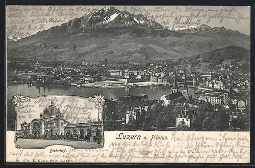 AK Luzern, Teilansicht mit Pilatus, Bahnhof