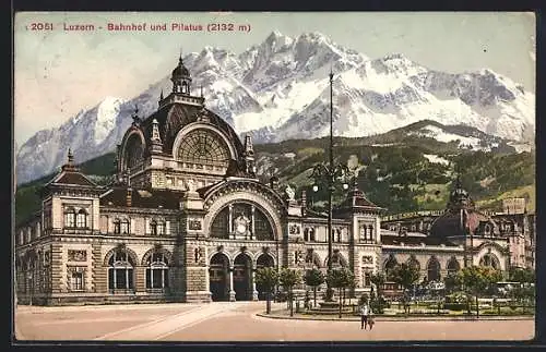 AK Luzern, Bahnhof u. Pilatus