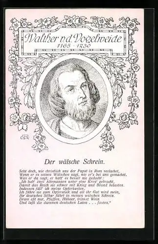 Künstler-AK Portrait des Minnesängers Walther v. d. Vogelweide, Vers Der wälsche Schrein