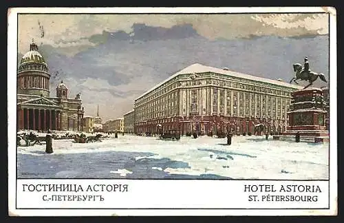 Künstler-AK St. Pétersbourg, Hotel Astoria im Winter