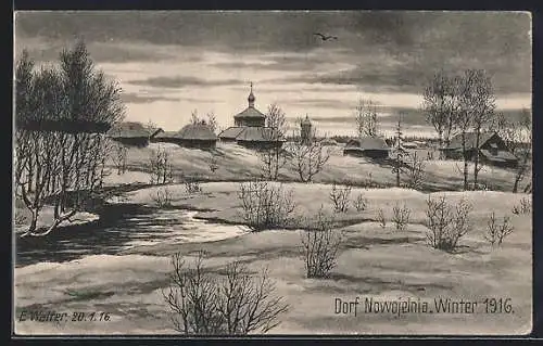 Künstler-AK Nowojelnia, Ortsansicht im Winter 1916