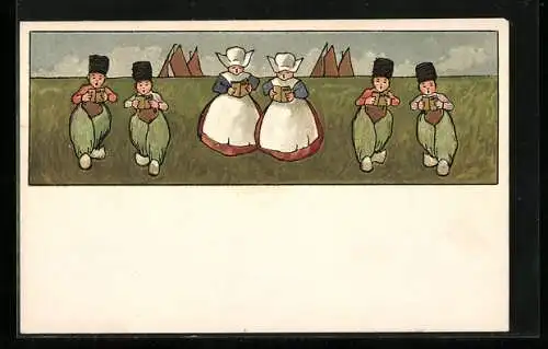 Lithographie Jungen und Mädchen mit Fibeln, Trachten, Holland