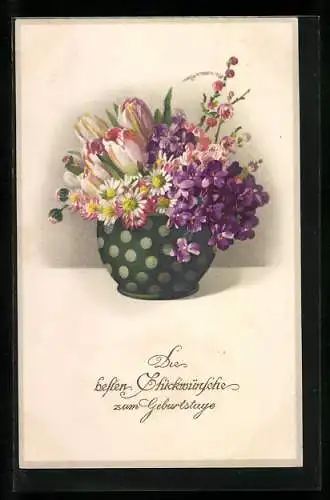 Künstler-AK Meissner & Buch (M&B) Nr. 2265: Gänseblumen, Tulpen und Veilchen, Geburtstagsgruss