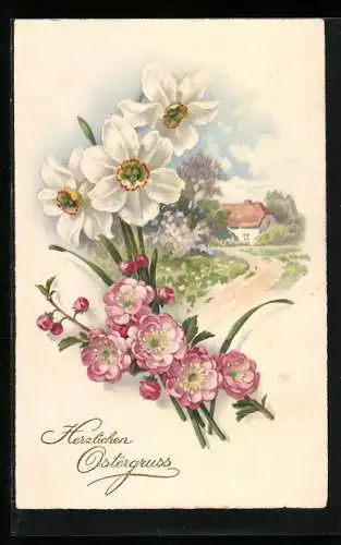 Künstler-AK Meissner & Buch (M&B) Nr. 2951: Landschaft mit Blumen, Ostergruss