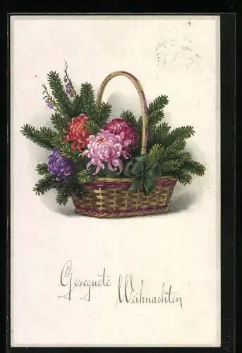 Künstler-AK Meissner & Buch (M&B) Nr. 260: Korb mit Blumen und Tannenzweigen, Weihnachtsgruss