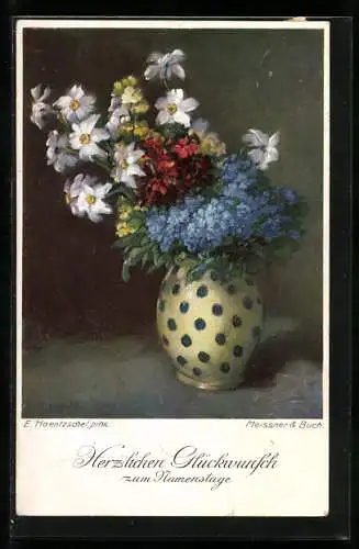 Künstler-AK Meissner & Buch (M&B) Nr. 2302: Vase mit Blumen, Glückwunsch zum Namenstag