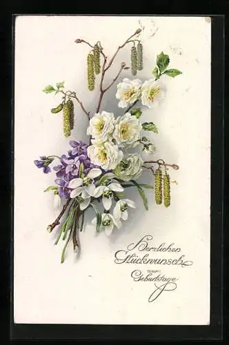 Künstler-AK Meissner & Buch (M&B) Nr. 2438: Blumen im Bund, Geburtstagsgruss