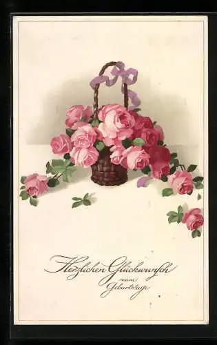 Künstler-AK Meissner & Buch (M&B) Nr. 2193: Korb mit Rosen, Geburtstagsgruss