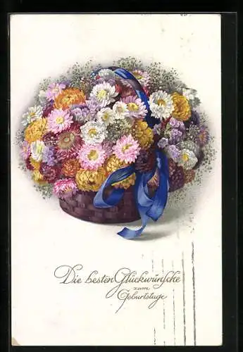 Künstler-AK Meissner & Buch (M&B) Nr. 2537: Korb mit Blumen, Geburtstagsgruss