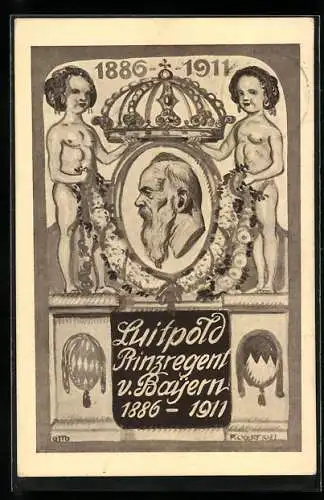 Künstler-AK Prinzregent Luitpold v.Bayern 1886-1911, Profilbild, Kinder halten Krone