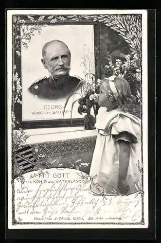 AK König Georg von Sachsen, Mädchen mit Blumen vor dem Bild