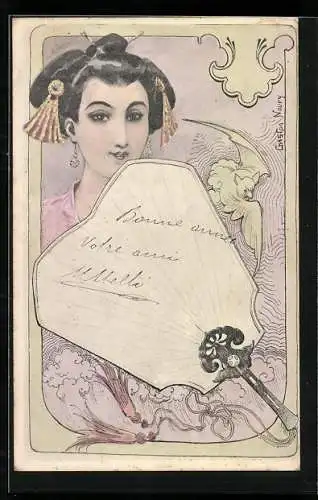 Künstler-AK sign. Gaston Noury: Elegante Dame mit Fächer, Jugendstil