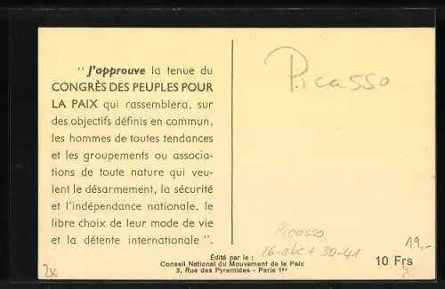 Künstler-AK sign. Picasso: Congrès des Peuples pour la Paix, Antlitz einer Frau und weisse Taube, Friedensbewegung