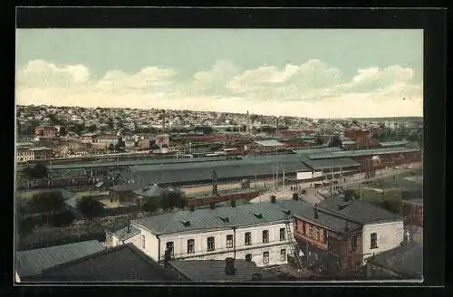 AK Rostow, Stadtpanorama mit Bahnhof