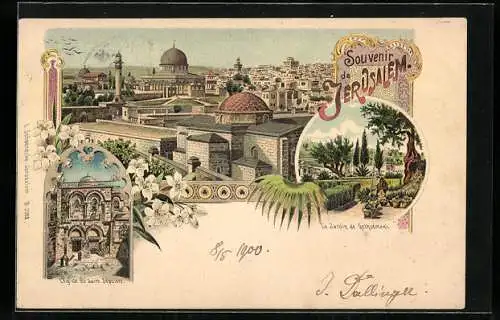 Lithographie Jerusalem, Panoramaansicht, L`Eglise du Saint Sepulcre, Le Jardin de Gethsemani