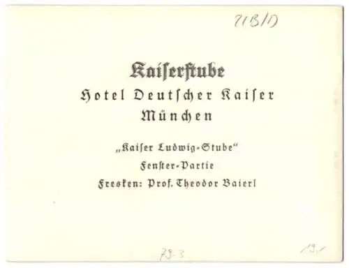 Fotografie unbekannter Fotograf, Ansicht München, Hotel Deutscher Kaiser, Kaiser Ludwig-Stube mit Fresken von Th. Baierl