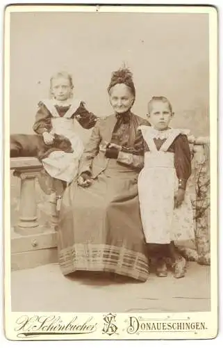 Fotografie H. Schönbucher, Donaueschingen, Zwei Kinder mit älterer Dame im Freien