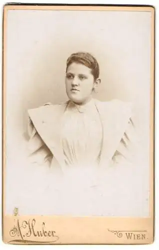 Fotografie A. Huber, Wien, Eisen-Platz 2, Portrait einer jungen Frau in elegantem Kleid