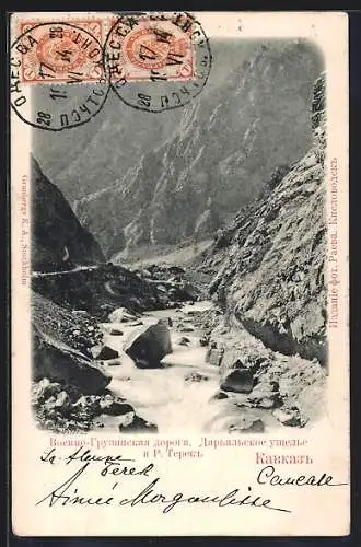 AK Kaukasus, Darialschlucht mit Gebirgsfluss, Militärstrasse