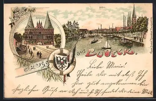 Lithographie Lübeck, Holstenthor, Hafenpartie, Wappen