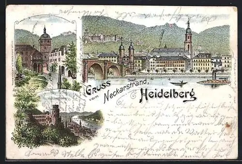 Lithographie Heidelberg, Panorama mit Neckarbrücke, Strassenpartie, Ortsansicht aus der Vogelschau