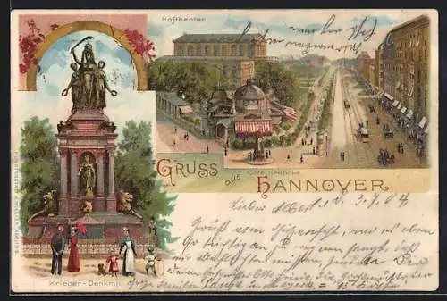 Lithographie Hannover, Cafe Kröpcke, Hoftheater, Krieger-Denkmal