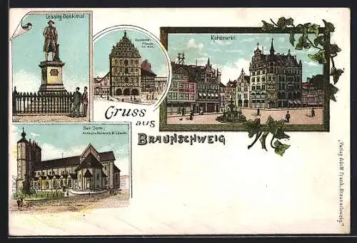 Lithographie Braunschweig, Der Dom, Lessingdenkmal, Gewandhaus, Kohlmarkt