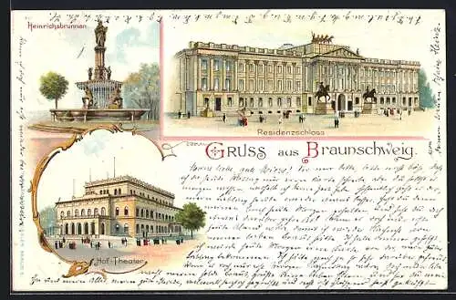 Lithographie Braunschweig, Hoftheater, Heinrichsbrunnen, Residenzschloss