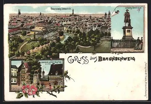 Lithographie Braunschweig, Totalansicht, am Lessing-Denkmal, an der Löwensäule