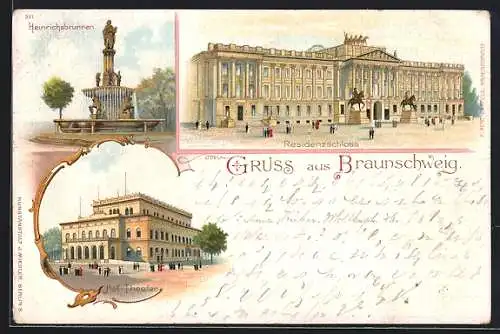 Lithographie Braunschweig, Heinrichsbrunnen, Hof-Theater, Residenzschloss