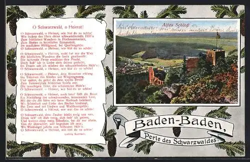 AK Baden-Baden, Blick auf Altes Schloss, Gedicht