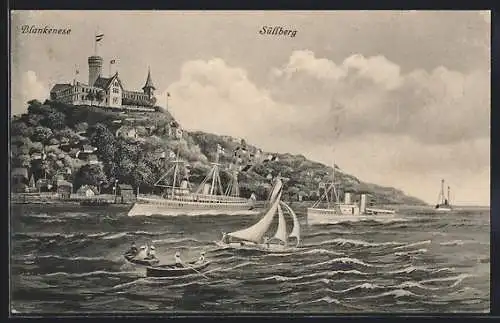 AK Hamburg-Blankenese, Blick vom Wasser zum Süllberg