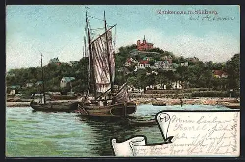 Lithographie Hamburg-Blankenese, Boote am Elbstrand, Blick zum Süllberg