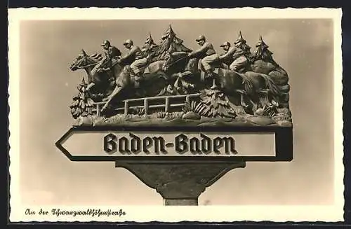 AK Wegweiser nach Baden-Baden zwischen Wildbad und Freudenstadt, Pferderennen im Wald