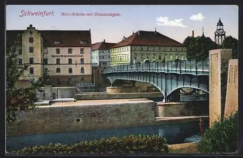 AK Schweinfurt, Partie an der Max-Brücke mit Stauanlangen