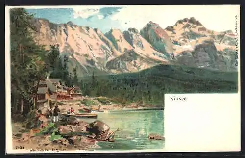 Lithographie Eibsee, Ortsansicht mit Berge