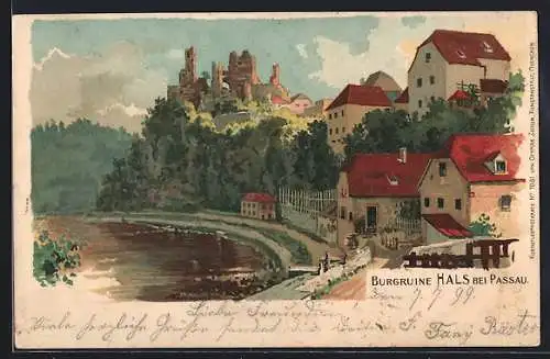 Lithographie Passau, Ortsansicht mit Burgruine Hals