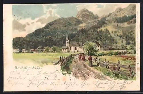 Künstler-Lithographie Edward Harrison Compton: Bayrisch Zell, Blick nach dem Ort