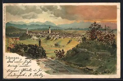 Lithographie Schongau, Eisenbahn mit Blick zum Ort