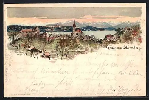 Künstler-AK Starnberg, Blick zur Kirche und über den See