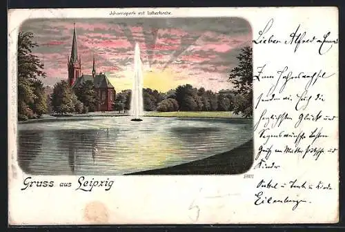 Lithographie Leipzig, Johannapark mit Lutherkirche bei Sonnenuntergang