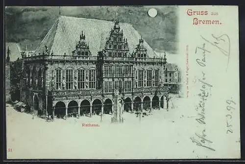 Mondschein-AK Bremen, Blick zum Rathaus