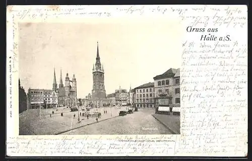 AK Halle a. S., Marktplatz mit Kirche und Strassenbahn