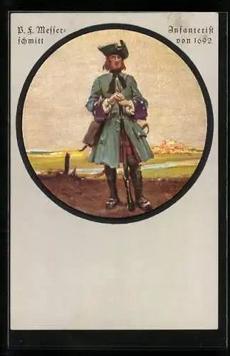 Künstler-AK sign. P.F. Messerschmitt: Infanterist von 1692, Schützenverein