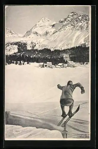 AK Mann mit Ski beim Sprung von einer Schanze