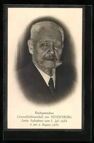 AK Paul von Hindenburg, gerahmte Trauerkarte, gestorben 1934