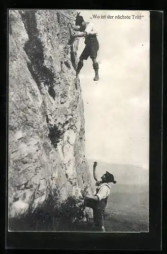 AK Bergsteigen an einer steilen Wand-Wo ist der nächste Tritt