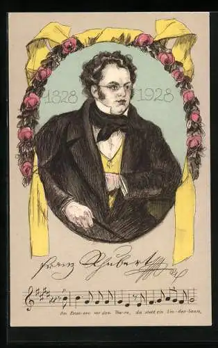 AK Wien, 10. St. Sängerbundesfest 1928, Porträt Komponist Franz Schubert