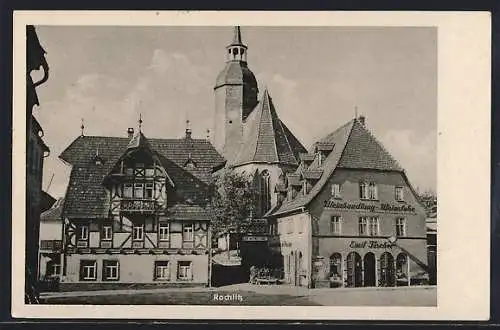 AK Rochlitz i. Sa., Wein-Restaurant Emil Fischer und Kirche